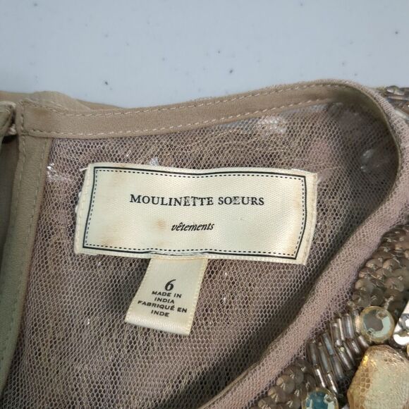 Moulinette Soeurs Anthropologie 6 Taupe Gold Sequin Dress Swing Cocktail EUC - Picture 6 of 6